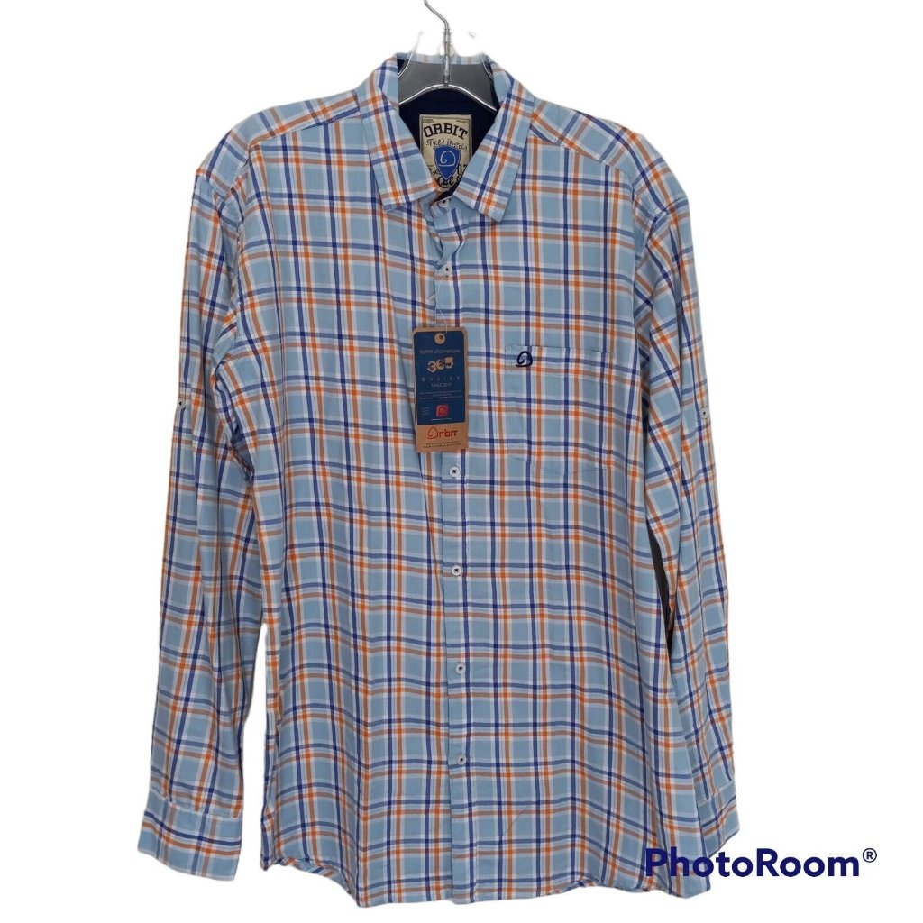 Nwt Orbit Brand Blue Orange Plaid Long Sleeved Button Shirt Mens Xl
